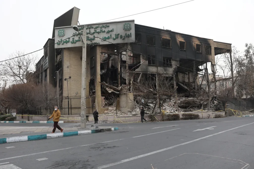 Buildings damaged during protests in Tehran, Iran