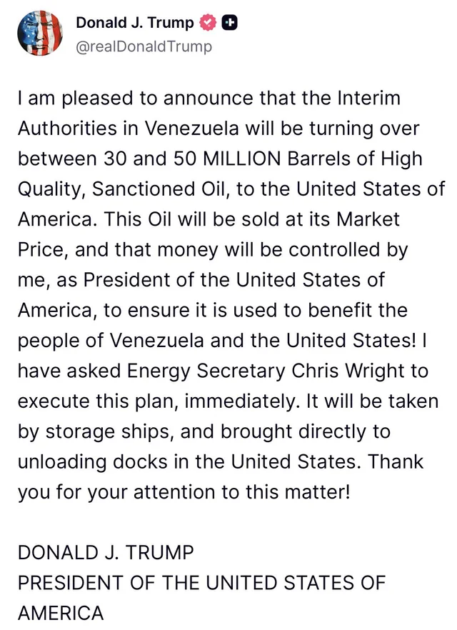 Donald Trump speaks on Venezuela oil transfer to the United States