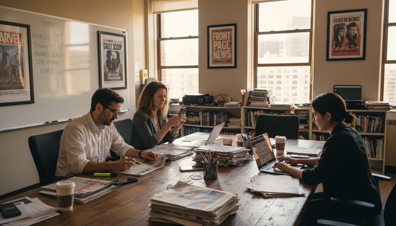 Entertainment journalists collaborating at busy workspace