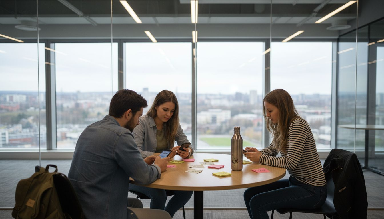 Young adults discuss trending topics in coworking space