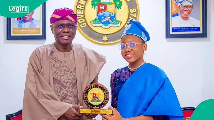 Lagos one-day governor Esther Etiyemonu seated beside Governor Babajide Sanwo-Olu at Lagos State House