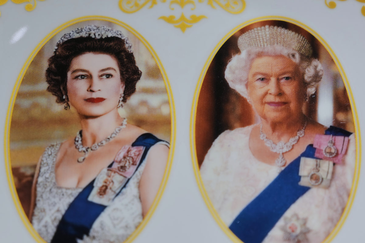 Queen Elizabeth II legacy monarchy: Portrait displays and souvenirs of Queen Elizabeth II in London shop