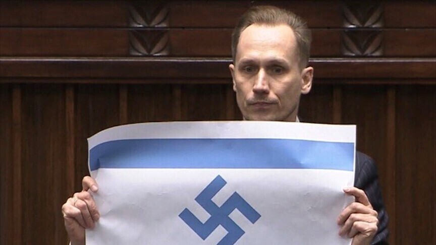 Poland Israel parliamentary dispute: Konrad Berkowicz speaking in Polish parliament during political dispute with Israel