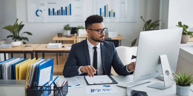 Hotel Capitol procurement officer job reviewing supplier contracts in a hotel office in Lagos