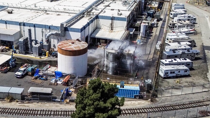 Orange County chemical leak evacuation: : Firefighters monitor a damaged chemical storage tank in California evacuation zone”