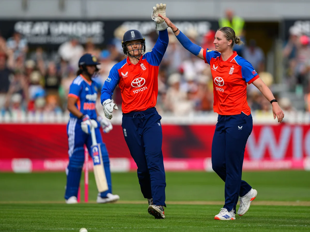 Dani Gibson bowls to Yastika Bhatia, who drives firmly towards mid-on, Sophie Ecclestone is quick