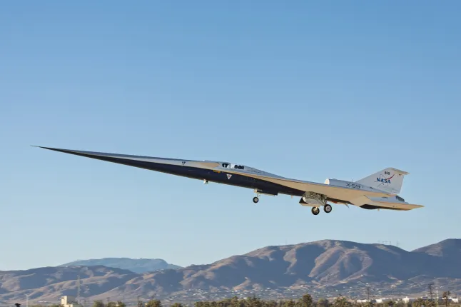 NASA X-59 supersonic test flight breaking the sound barrier during experimental mission