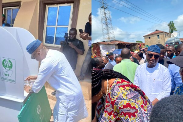 Ekiti governorship election voting showing Governor Biodun Oyebanji casting his ballot in Ikogosi polling unit