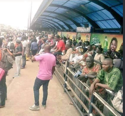Commuters face a rush for buses at the busy Oshodi BRT terminal in Lagos.