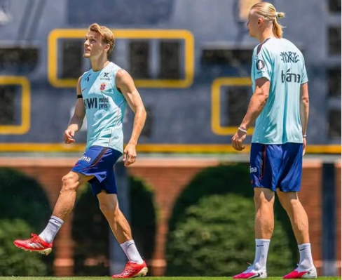 Odegaard and Haaland train together with Norway ahead of the match against Wales.