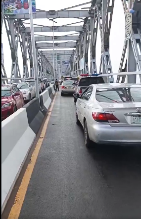 Heavy traffic jam on First Niger Bridge linking Anambra and Delta states.